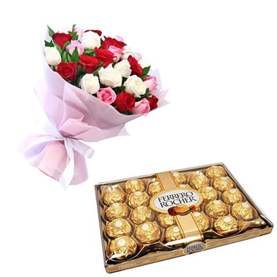 "Ferrero Rocher 24 pieces + 25  Mixed Flower Bunch - Click here to View more details about this Product